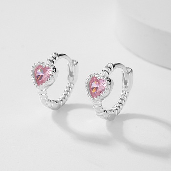 Cubic Zirconia Heart Hoop Earrings, 925 Sterling Silver Earrings, with S925 Stamp, Pearl Pink, 12mm