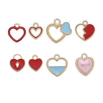 48Pcs 8 Style Light Gold Plated Alloy Enamel Charms, Heart, Mixed Color, 48pcs/Box