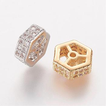 Brass Micro Pave Cubic Zirconia Beads, Hexagon, Mixed Color, 8x8x3mm, Hole: 0.5mm