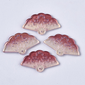 Transparent Spray Painted Glass Pendants, with Single Face Glitter Powder, Fan, Dark Red, 20x34.5x3.5mm, Hole: 1.2mm