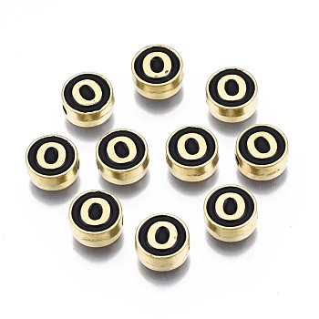 Alloy Enamel Beads, Cadmium Free & Lead Free, Light Gold, Flat Round with Alphabet, Black, Letter.O, 8x4mm, Hole: 1.5mm