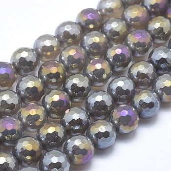 Electroplated Natural Agate Beads Strands, Round, Faceted, Gray, 6mm, Hole: 1mm, about 64~65pcs/strand, 15.1~15.5 inch(38.5~39.5cm)