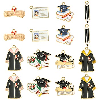 14Pcs 7 Styles Graduation Season Alloy Enamel Pendants, School Uniform & Student Card & Bachelor Cap & Book & Pencil, Mixed Color, 14~30x6~30x1~2mm, Hole: 1.8~2mm, 2pcs/style