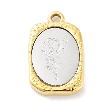 304 Stainless Steel Pendants, Rectangle with Twelve Zodiac Flower Charm, Golden & Stainless Steel Color, January Carnation, 23x14.5x3mm, Hole: 2mm