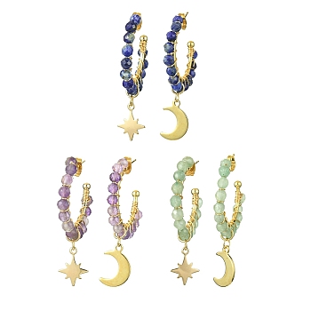 3 Pairs 3 Style Natural Mixed Gemstone Beaded Half Hoop Earrings, Golden Alloy  Moon & Star Asymmetrical Earrings, Dangle Stud Earrings, 44~45.5x10.5~11mm, 1 Pair/style