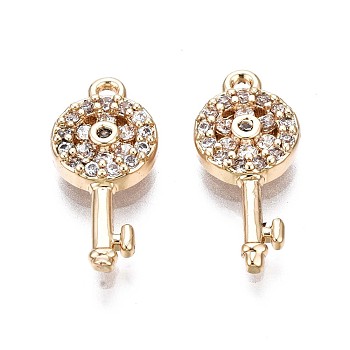 Brass Micro Pave Clear Cubic Zirconia Charms, Key, Real 18K Gold Plated, 15x7x2mm, Hole: 1mm