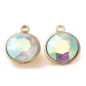 Golden 304 Stainless Steel Charms, with Glass Findings, Faceted Flat Round, Colorful, 11.5x9.5x5mm, Hole: 1.4mm