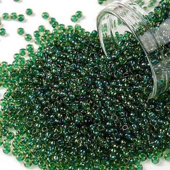 TOHO Round Seed Beads, Japanese Seed Beads, (242) Inside Color Jonquil/Emerald Lined, 11/0, 2.2mm, Hole: 0.8mm, about 1110pcs/10g