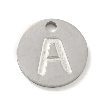 304 Stainless Steel Pendants, Laser Cut, Flat Round with Letter Charm, Stainless Steel Color, Letter A, 10x1mm, Hole: 1.4mm