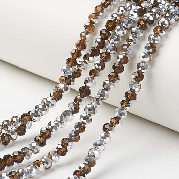 Electroplate Transparent Glass Beads Strands, Half Silver Plated, Faceted, Rondelle, Sienna, 6x5mm, Hole: 1mm, about 85~88pcs/strand, 16.1~16.5 inch(41~42cm)