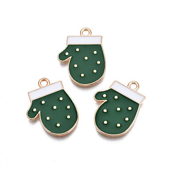 Christmas Style Alloy Enamel Pendants, Cadmium Free & Lead Free, Light Gold, Gloves, Green, 21.5x16x1.5mm, Hole: 1.8mm