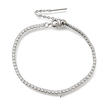 2.5MM Brass Pave Clear Cubic Zirconia Tennis Bracelet Making, Adjustable Slider Bracelets with Loops for Charms, Cadmium Free & Lead Free, Platinum, 7.01 inch(17.8cm)