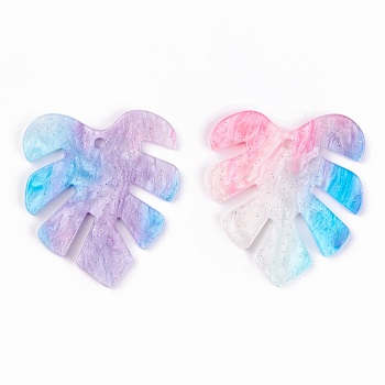 Acrylic Pendants, for DIY Earring Accessories, with Glitter Powder, Leaf, Colorful, 29.5x26x2mm, Hole: 1.6mm