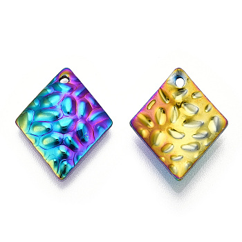 Ion Plating(IP) 304 Stainless Steel Pendants, Textured, Rhombus Charm, Rainbow Color, 19x15x2.5mm, Hole: 1.2mm