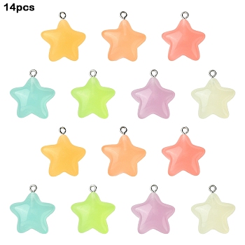 7 Colors Luminous Transparent Resin Pendants, Star Charms, Glow in Dark, with Stainless Steel Color Plated 304 Stainless Steel Loops, Mixed Color, 25x23x8.5mm, Hole: 1.8mm, 14pcs/set