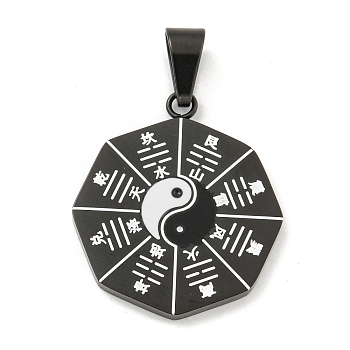 304 Stainless Steel Pendants, with Enamel, Bagua Formation, Yin Yang Charm, Black, 30x25.5x2.5mm, Hole: 8.5x4.5mm