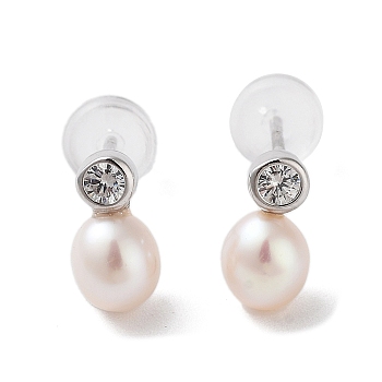 Natural Pearl Stud Earrings for Women, with Sterling Silver Pins and Cubic Zirconia, Oval, 8.5~9x5mm