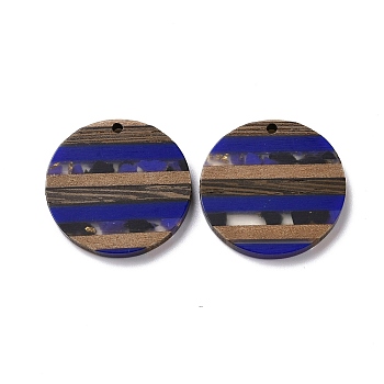 Transparent Resin & Walnut Wood Pendants, with Gold Foil, Flat Round Charm, Blue, 30x3.5mm, Hole: 2mm