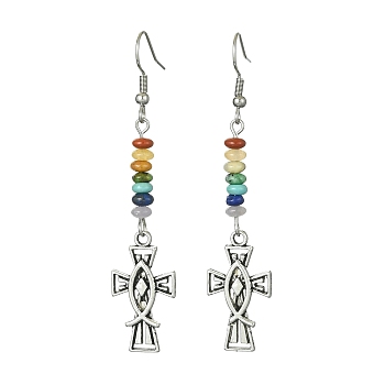 Alloy Enamel Cross Dangle Earrings, Natural & Synthetic Mixed Gemstone Beaded Chakra Theme Earrings, 65x14mm