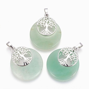 Natural Green Aventurine Pendants, with Platinum Tone Brass Findings, Flat Round with Tree of Life, 32.5~33x27.5~28x5~6mm, Hole: 5x7mm