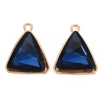 Faceted Glass Pendants, with Alloy Open Back Settings, Triangle, Cadmium Free & Lead Free, Light Gold, Midnight Blue, 29x24x7mm, Hole: 3mm
