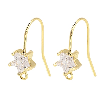 Brass Micro Pave Cubic Zirconia Earrings Findings, Real 18K Gold Plated, Star, 17.5x7mm, Hole: 1.2mm, Pin: 0.8mm