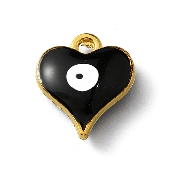 Alloy Enamel Charms, Heart with Evil Eye Charm, Golden, Black, 14x12.5x4mm, Hole: 1.8mm