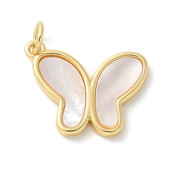 Natural White Shell Pendants, Brass Butterfly Charms with Jump Rings, Real 18K Gold Plated, 15x18x2mm, Hole: 3.4mm