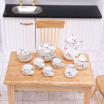 Mini Ceramic Tea Sets, including Cup, Teapot, Saucer, Micro Landscape Garden Dollhouse Accessories, Pretending Prop Decorations, Flower, 13~27mm, 15pcs/set