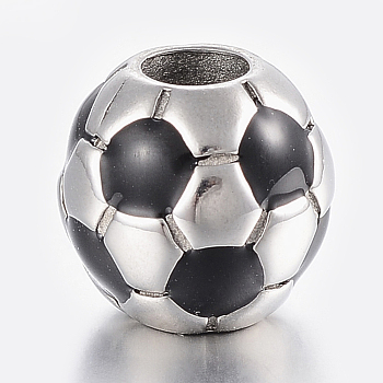 304 Stainless Steel European Enamel Beads, Large Hole Beads, FootBall/Soccer Ball, Black, Antique Silver, 13x12mm, Hole: 5mm