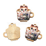 Light Gold Plated Alloy Enamel Pendants, Tea Cup Cat Charm, Gray, 23x23mm, Hole: 1mm(PW-WG9221B-10)