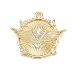 Brass Micro Pave Clear Cubic Zirconia Pendants, Flat Round with Wing Pattern, Cadmium Free & Nickel Free & Lead Free, Real 18K Gold Plated, 18x21x3mm, Hole: 1.4mm(KK-G545-02G)