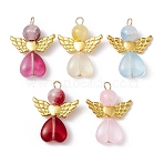 Mixed Color Glass Pendant, with Alloy Findings, Angel Charm, Golden, 28.5x21.5x8mm, Hole: 3.2mm(PALLOY-JF02272-30B)