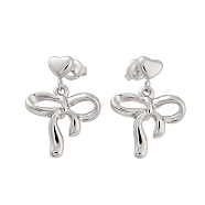 304 Stainless Steel Dangle Stud Earrings, Bowknot with Heart, Stainless Steel Color, 26.5x19mm(EJEW-H115-06P)