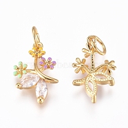 Brass Charms, with Micro Pave Cubic Zirconia, Enamel and Jump Rings, Flower, Colorful, Golden, 15.5x10x3mm, Hole: 3.2mm(ZIRC-L070-83G)