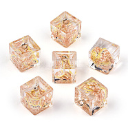 Transparent Epoxy Resin Pendants, with Polymer Clay Inside and Golden Plated Iron Loop, Cube with Food Inside, Light Salmon, 16x14x14mm, Hole: 2mm(CRES-N025-10C)