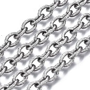 304 Stainless Steel Cable Chains, Textured, with Spool, Unwelded, Oval, Stainless Steel Color, 8x6x1.5mm, about 82 Feet(25m)/roll(CHS-T003-23B-P)