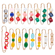 PandaHall Elite&reg 16Pcs 16 Style Resin Imitation Gemstone & Crystal Rhinestone Beaded Safety Pin Brooches, Iron Lapel Pins for Clothes Sweater Shawl Clips, Mixed Color, 57.5~78x15.5~20x9.5~12.5mm, 1Pc/style(JEWB-PH0001-27)