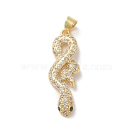 Rack Plating Brass Micro Pave Cubic Zirconia Pendants, Real 18K Gold Plated, Long-Lasting Plated, Lead Free & Cadmium Free, Snake, Clear, 32x10x3mm, Hole: 4.2x3.5mm(KK-E281-18G)