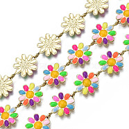 Brass Flower Link Chains, with Enamel, Unwelded, Real 16K Gold Plated, Colorful, 13.5~14x9.5~10x1mm(CHC-N018-098A)