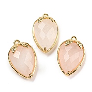 Natural Rose Quartz Faceted Pendants, Rack Plating Brass Strawberry Charms, Golden, 18x11x5~5.5mm, Hole: 1.2mm(G-M431-06G-03)