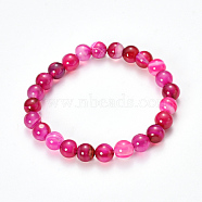 Natural Striped Agate/Banded Agate Beaded Stretch Bracelets, Dyed, Round, Camellia, 2-1/8 inch(55mm)(BJEW-Q692-03F)
