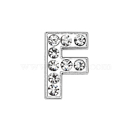 Eco-Friendly Zinc Alloy Slide Charms, with Rhinestone, Platinum Plated, Letter, Crystal, Letter.F, 12mm, Hole: 1.5x7.9mm(ALRI-WH0001-01P-F)