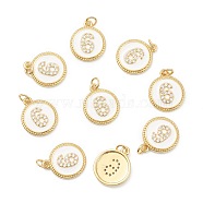 Brass Micro Pave Clear Cubic Zirconia Charms, Long-Lasting Plated, with Jump Rings and White Enamel, Flat Round with Number, Real 18K Gold Plated, Num.6, 14.5x12x2mm, Hole: 1.5mm(ZIRC-I052-16G-06)
