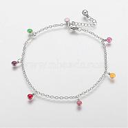 304 Stainless Steel Charm Anklets, with Enamel Charms, Flat Round, Platinum, Colorful, 10-5/8 inch(270mm), 2mm(AJEW-E032-01A)