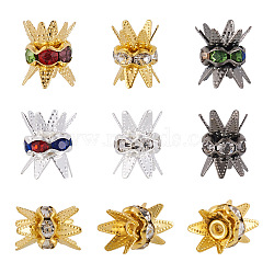 120Pcs 6 Colors Zinc Alloy Bead Cap, with Rhinestone, Double Sided, Flower, Multi-Petal, Mixed Color, 6x8mm, Hole: 0.8mm, 20pcs/color(FIND-YS0001-09)