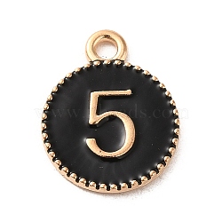 Alloy Enamel Pendants, Light Gold, Flat Round with Number 5 Charm, Black, 19x15x2mm, Hole: 2.2mm(ENAM-E064-16KCG-02)