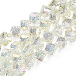 Electroplate Transparent Glass Beads Strands, Faceted, Diagonal Cube Beads, Beige, 8.5x9.5x9.5mm, Hole: 1.5mm, about 80pcs/strand, 25.98 inch(66cm)(EGLA-N002-29-C04)