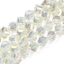 Electroplate Transparent Glass Beads Strands, Faceted, Diagonal Cube Beads, Beige, 8.5x9.5x9.5mm, Hole: 1.5mm, about 70pcs/strand, 22.05 inch(56cm)(EGLA-N002-29-C04)