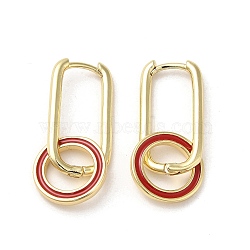 Real 18K Gold Plated Brass Ring Dangle Hoop Earrings, with Enamel, Red, 30x13mm(EJEW-L268-022G-03)